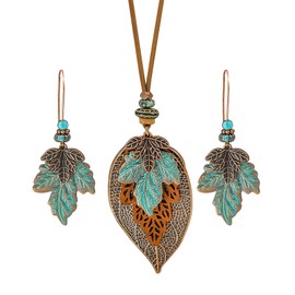 ROJEMXVE Wooden Leather Maple Leaf Necklaces Set Long Earrings Jewelry Hemp Rope Chain Plated Bronze Pendant Bohemian Wood Stack Discs Ethnic Tribal Fall Leaf Statement Necklace