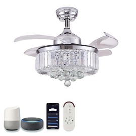 DuMaiWay Crystal Chandelier Fan - 36" Smart Ceiling Fan with Light and Remote Alexa WiFi Fandelier Retractable Dimmable for Bedroom Living Room Modern Silver