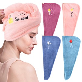 Pack of 4 Microfibre Hair Towel Quick Drying Hair Towel in 4 Colours with Button, Super Absorbent Hair Turban Towel for Women and Girls, Quick Dry Salon Travel Bath Head Wrap (Fruit)