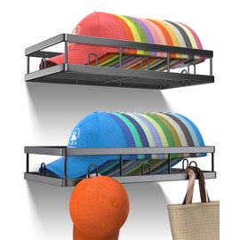 Sunfanie 2 Packs Metal Hat Rack for Wall,Holder with Multiple Hooks,Organizer for up to 40 Baseball Caps,Sturdy Wall Drilled Rack,Storage for Door/Closet,Black