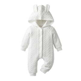 Newborn Infant Baby Girl Knitted Hooded Sweater Romper Long Sleeve Bodysuit Jumpsuit Warm Winter Snowsuit Clothes White 12-18 Months