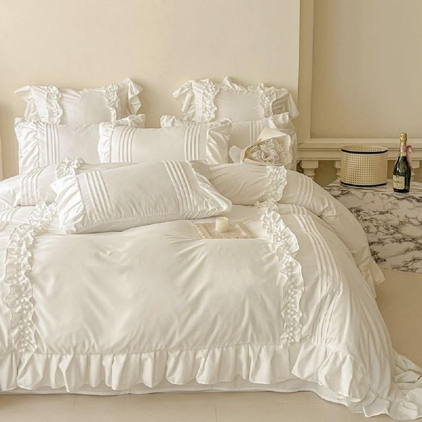 Lanqinglv Bed Linen 135 x 200 cm White with Ruffles,