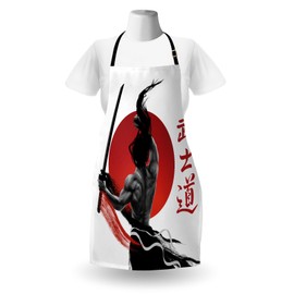 Lunarable Japanese Apron, Samurai at Practice with Muscles Japanese Oriental Sun Discipline Image, Unisex Kitchen Bib with Adjustable Neck for Cooking Gardening, Adult Size, White and Black