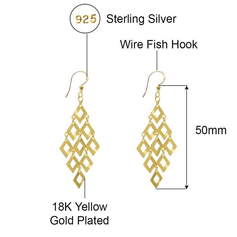Savlano 925 Sterling Silver Diamond-Shape Chandelier Drop Earrings-18K Gold Plated