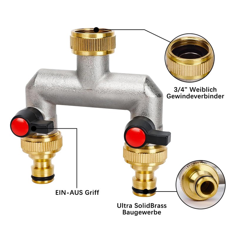 2 Wege Wasseranschluss Verteiler Hahnverbinder, Garten Wasserhahn Wasserverteiler aus Messing,