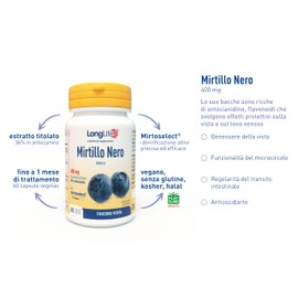 LongLife® Mirtillo Nero | Con estratto titolato al 36% in antocianosidi (Mirtoselect®) | Minimo 800mg | Benessere della vista e del microcircolo | Fino a 1 mese di trattamento | Vegano e senza glutine