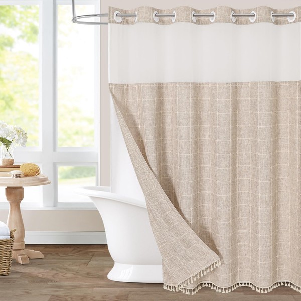 No Hooks Required Farmhouse Shower Curtain with Snap-in Liner -
