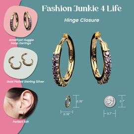 FashionJunkie4Life Huggie Hoop Earrings with Amethysts | Gold Plated Sterling Silver with Nano Gems, Hinge Closure | Trendy Earrings Gift for Women & Men, Yellow Gold, Amethyst