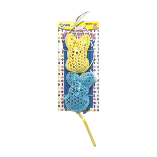 PEEPS Cat Stick Toy Rattling Bunny Wand Blue/Yellow 2-pack Dan