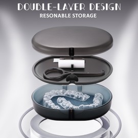 LONGMON New Double-layer Retainer Storage Case with Belt Chewing,Removal Tool,Cleaning Brush,Built in Mirror Orthodontic Retainer Case