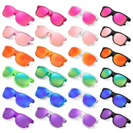 SUNOVELTIES 24 Pack Retro Neon Clear Color Sunglasses Classic Mirrored Lenses Glasses Men/Women Eyewear for Birthday Bachelorette Summer Vacation Parties