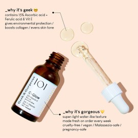 Geek & Gorgeous 101 C-Glow Serum with 15% Vitamin C, Super Light, with Ferulic Acid and Vitamin E, Protects the Environment, Promotes Collagen and Balances Skin Tone - For All Skin Types, 30 ml