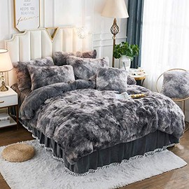 JAUXIO Luxury Abstract Faux Fur Bedding Set Tie Dye Printed Shaggy Duvet Cover with Pillow Shams Soft Crystal Velvet Reverse (King, Dark Grey)