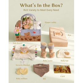 Coralogo Baby Shower Gift Basket - Baby Gift Set with Diaper Caddy, Gifts for New Mom, Gender Reveal Gifts, New Born Essential Include Security Blanket Hat Bib Socks Mittens, Boy & Girl