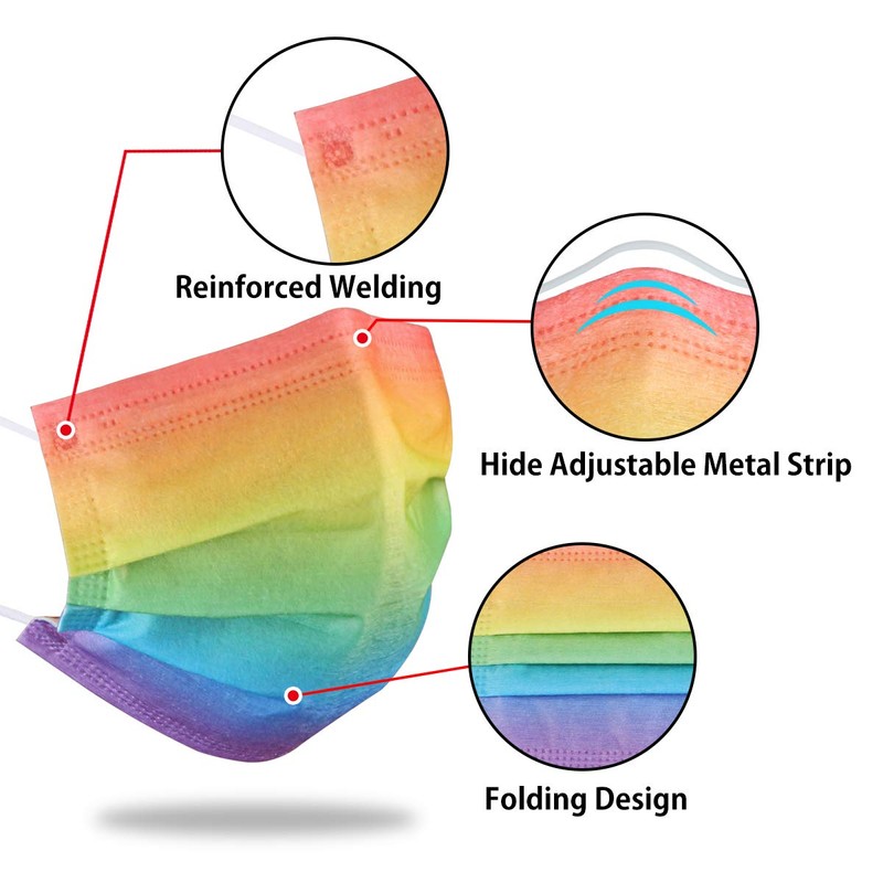 DIOLV 50Pcs Rainbow Printed Disposable Face Masks for Adults 3-ply