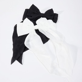 WENSIDUO 2 Pcs Silky Satin Bow Hair Clips, Black White large Bowknot Hair Barrettes Ribbon with Long Tails Hair Accessories for Women Girls.