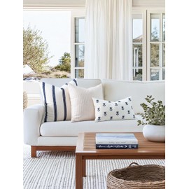 Crumbs Home Coastal Linen Indoor Outdoor Throw Pillow Cover Only, 20"x20" Water Repellent for Patio, Backyard, Couch, Neutral Beige Embroidered Stripes