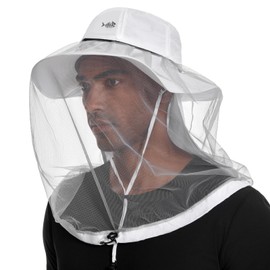 BASSDASH UPF 50+ Mosquito Sun Hat with Hidden Head Net and Neck Flap for Men Women Outdoor Fishing Hiking Camping White