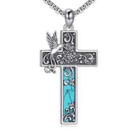 Grmdit Hummingbird Cross Necklace S925 Sterling Silver Turquoise Cross Pendant Necklaces for Women Hummingbird Turquoise Jewelry Gifts for Men Women