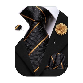 Hi-Tie Classic Mens Tie Flower Lapel Pin Set Silk Woven Necktie Pocket Square Cufflinks Red Pink Gold Blue Wedding Tie,Black Gold A