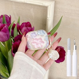 Fycyko Compatible for AirPods Pro 2 Case Soft TPU with Cleaner Kit Cute Colorful Retro Oil Painting Printed Flower Design Shockproof Pearl Keychain Cover for Girls Woman- Purple