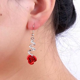 Yheakne Boho Red Rose Drop Earrings Long Spiral Crystal Earrings Gold CZ Twist Dangle Earrings Acrylic Red Flower Earrings Jewellery for Women and Girls, Zinc, No Gemstone