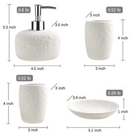 Bathroom Accessories Set with Embossed Design 4PCS, Ceramic White Bathroom Accessory Set, 1Pcs Bathroom Soap Dispenser 14oz, 2Pcs Tumbler Cup, 1Pcs Soap Dish, ANTIS'S HOME
