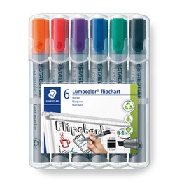 Staedtler STAEDTLER Flipchart Marker Lumocolor, Keilspitze ca. 2,0 - 5,0 mm Linienbreite, lange Lebensdauer, nachfüllbar, geruchsarm, hohe Qualität Made in Germany, Set mit 6 Farben, 356 B WP6, 1 Stück