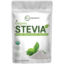Micro Ingredients Pure Organic Stevia Powder, 4 Ounces, 706 Serving, Highest Grade Stevia Green Leaf Extract Reb-A, Reduced Bitter Aftertaste, 0 Calorie, Natural Sweetener, Sugar Alternative, Keto Friendly