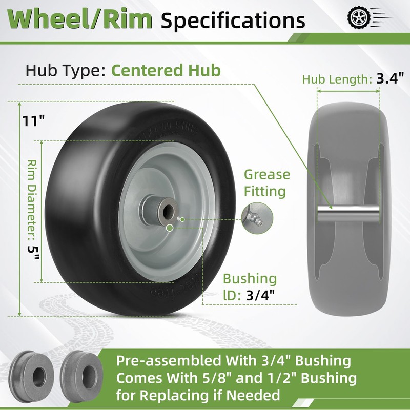 2 PCS 11x4.00-5" Lawn Mower Tires Flat Free,3/4" 5/8" 1/2"