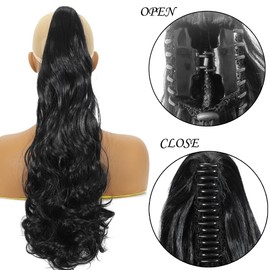 HENSLEELY Wavy Ponytail Hair Extensions Black 18" Long Curly Claw Clip in Pony tail Extension Synthetic Hairpiece for Women(18Inch,1B)