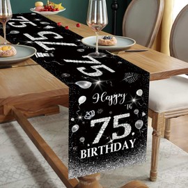 75th Birthday Table Runner Black Silver Happy 75th Birthday Table Runner for 75 Years Old Men Women Him Her Celebrate Birthday Party Decorations Non-Slip Dining Table Linen Cloth Decor, 72 Inches Long
