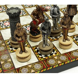 Medieval Times Crusades Gold & Silver Armored Knights Chess Set with 14 1/2 Inch Mosaic Color Board