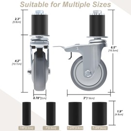 ERKOON 3 Inch Prep Table Caster Wheels Set, 4 Heavy Duty Expanding Stem Casters Fit 7/8", 1", 1-1/2", 1-5/8" Tube Leg with Brake for Stainless Steel Table, Cart, Furniture Legs, Kitchen Workbench