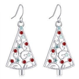Christmas Tree Earrings for Women Girls Silver Plated Crystal Christmas Holiday Dangle Earrings with Message Card & Velvet Bag