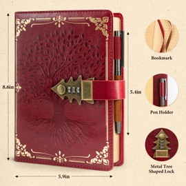 WEMATE Lock Journal with Pen & Gift Box, A5 260 Pages, Refillable, Hardcover Leather Password Notebook for Writing,Vintage Lock Diary for Women, Girls, Men, Students, 8.6 x 5.8 in Red