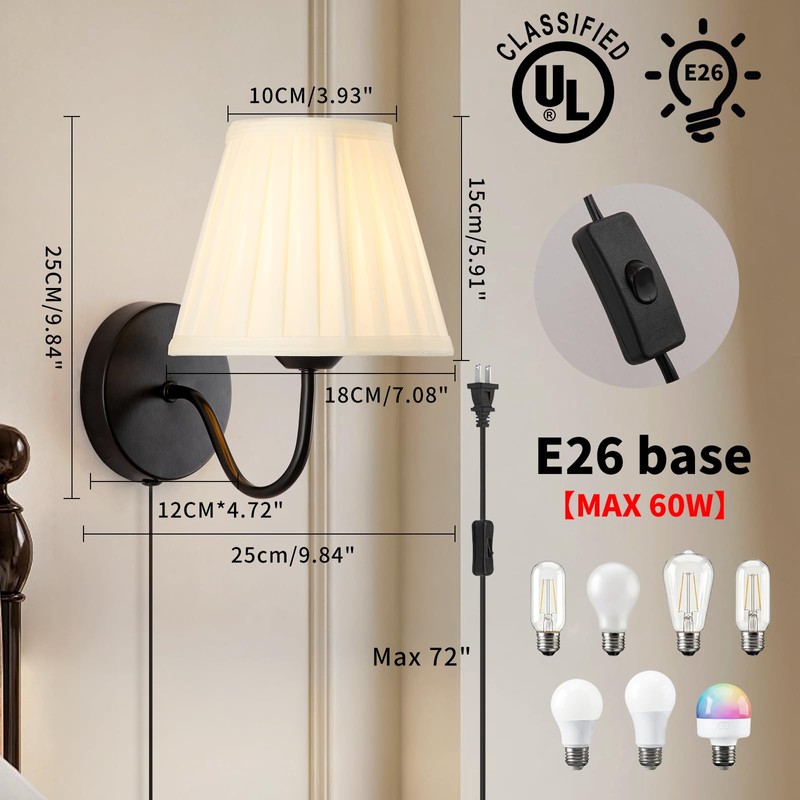 Plug in Wall Sconces with White Fabric Shades, Black Wall