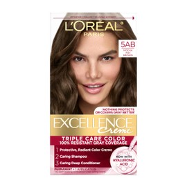 L'Oreal Paris Excellence Crème Permanent Hair Dye, Triple Care Hair Color with Hyaluronic Acid for 100% Gray Coverage, 5AB Mocha Ash Brown, 1 Kit (Packaging May Vary)