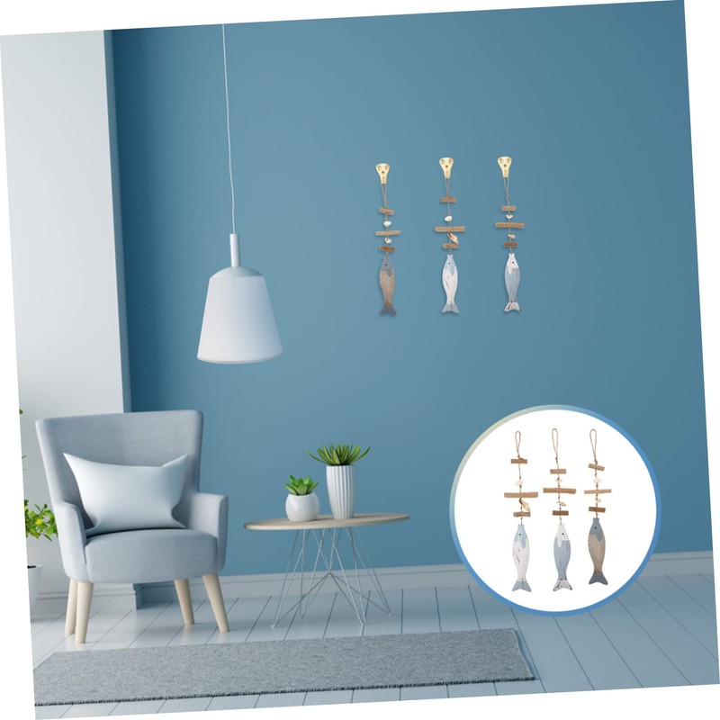 iplusmile 3Pcs Mediterranean Style Wooden Fish Pendant Sculpture Nautical Home