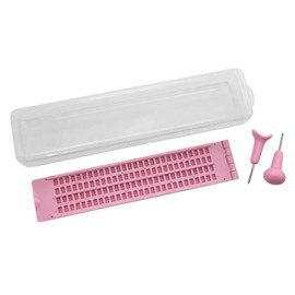Small Portable Braille Device, Practice (Small), 4 Lines x 28 Squares (Pink), 2 Dotted Brushes, Clear Storage Case Included