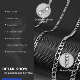 Evegfts Silver Chain for Men, 7MM Mens Chain Figaro Chain Necklace for Men Women Super Sturdy Shiny 316L Stainless Steel Mens Chain Necklaces 24 Inch