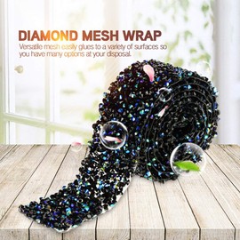 Rhinestone Ribbon, 1 Yard 3cm Width Crystal Diamond Wrap Roll Hot Fix Rhinestone Patches for Wedding Party Birthdays Baby Shower Decoration(Black + Blue)