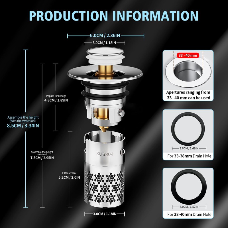 Upgraded Bathroom Sink Plug, 304 Stainless Steel Pop Up Drain