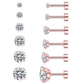 Cubic Zirconia Hypoallergenic Stud Earrings for Women Men Girls Fashion Statement Cartilage Statement Surgical Steel Helix Earrings 6 Pairs Rose Gold