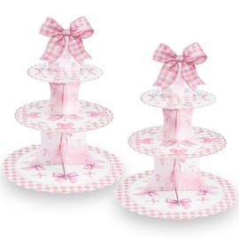 2 Pack Pink Bow Cupcake Stand Coquette Theme Birthday Decorations 3 Tier Cupcake Holder Pink Bow Birthday Decorations Bow Party Dessert Tower for Birthday Bridal Bachelorette Party Supplies