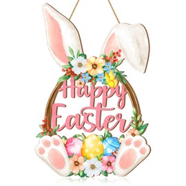 Easter Bunny Door Sign, Happy Easter Wooden Hanging Decorations, Easter Eggs Hanging Plaque Bunny Rabbit Sign Wall Hanger Floral Spring Decor for Front Door Porch Yard Wall Home Decorations Pink