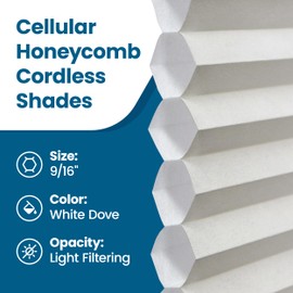 BlindsAvenue Cellular Honeycomb Cordless Shade, 9/16" Single Cell, Light Filtering, White Dove, Size: 22.5" W x 72" H