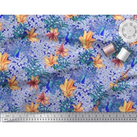 Soimoi Orange Cotton Canvas Fabric Leaves,Tropical Floral & Peacock Bird Printed Fabric 1 Yard 56 Inch Wide