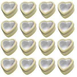 16 Pcs Metal Tins Jar 2 OZ Empty Heart Shaped Tins with Clear Window Lid for Candle Jars Art Crafts Candies Party Favors (Gold)