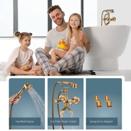 Aolemi Wall Mount Bathtub Faucet with Handheld Sprayer Antique Brass Tub Shower Faucet Vintage Double Cross Handle Swivel Spout Mixer Tap for Bathroom Telephone Shaped Shower Kit